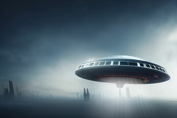 Naklejka na ściany i meble UFO, an alien ship hovering motionless in the air. Unidentified flying object, alien invasion, extraterrestrial life, space travel, made with Generative AI