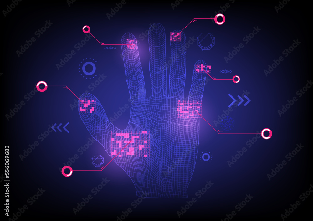 Poster hi-tech abstract background. mesh on hand. there is a pink scanning net. draw a line to find the cir