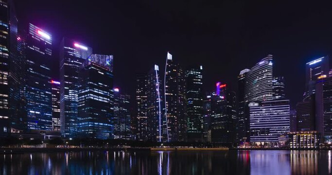 time lapse view of the highrise skyscraper office financial building tower in the central business district area city of Singapore in night time,modern metropolis