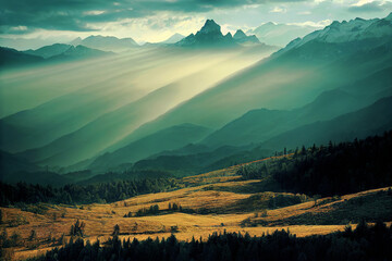 Obraz premium Mountain landscape with foggy rolling hills and trees ,made with Generative AI