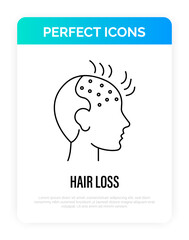 Hair loss. Bald place on men scalp. Alopecia thin line icon. Vector illustration.