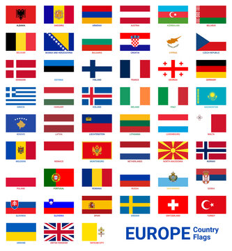 High-resolution Europe country flags are isolated. All Europe flags with their names.