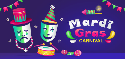 Mardi Gras Carnival, 3d illustration of sad and happy expression masks playing drums