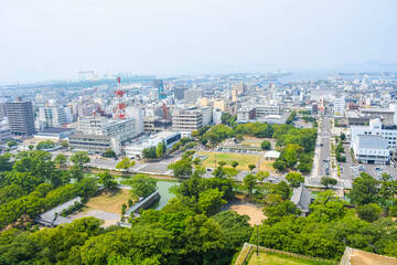 Scenery of Marugame city from Marugame-jo castle main tower at summer sunny day,  Marugame, Kagawa, Japan