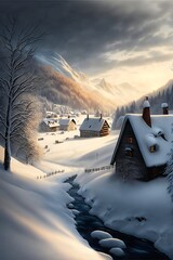 Snow landscape village mountains created with AI