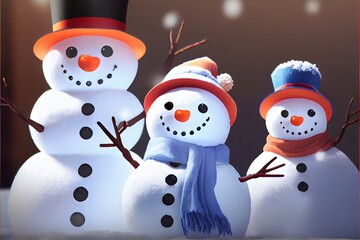 Snowman Snowmen Christmas Coal Eyes Carrot Nose Hat Scarf Winter Illustrated Snowy Snow Background Image
