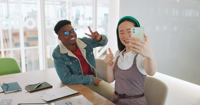 Smile, friends and selfie with business people and phone with thumbs up, peace sign or wave on break. Diversity, social media and internet with black man and asian woman for teamwork, relax or mobile