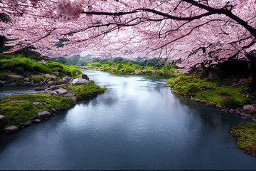 Beautiful landscape of river and blooming cherry blossoms in spring, Japan, Generative AI