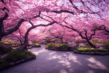 Beautiful landscape of garden and blooming cherry blossoms in spring, Japan, Generative AI
