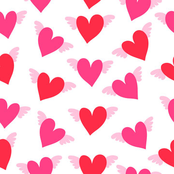 Seamless heart pattern for Valentines Day. Cute hearts with wings.