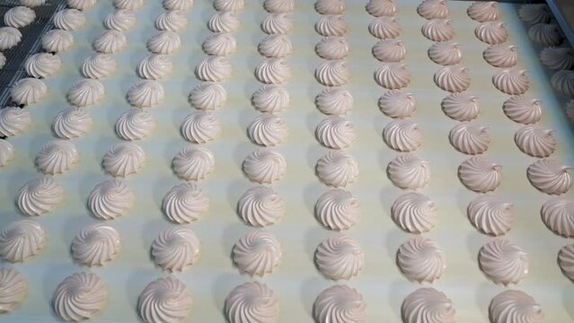 Sweet tender marshmallow moves on a conveyor belt. Automatic sweets production line at a candy factory.