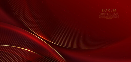 Abstract 3d curved red shape on red background with lighting effect and sparkle with copy space for text. Luxury design style.