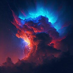 Abstract bright illustration of red-blue clouds or smoke.Bright background puffs of colored smoke and sparks.AI generated.