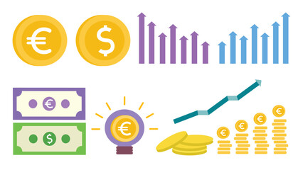 Business icon illustration with gold coin, chart, banknote, and stack money