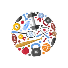 sports equipment located in a circle-shaped template.vector cartoon illustration.
