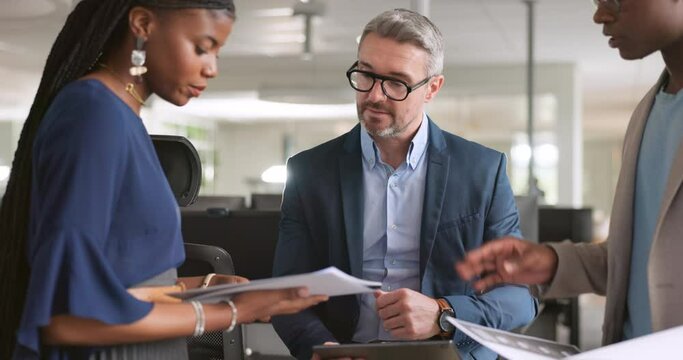 Team, leader and business people brainstorming for collaboration, conversation and advice. Teamwork, staff and ceo meeting for partnership, training and planning for corporate deal and company merger