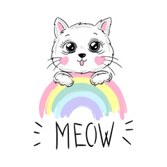 Hand drawn cat on the rainbow and meow text. Cartoon character vector illustration. Childish design print on t-shirt.