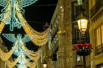 Red flowers near Christmas Tree on Constitution square in Malaga, Spain on December 23, 2022