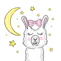Cute cartoon sleeping llama, doodle vector illustration © Evgeniya Sheydt