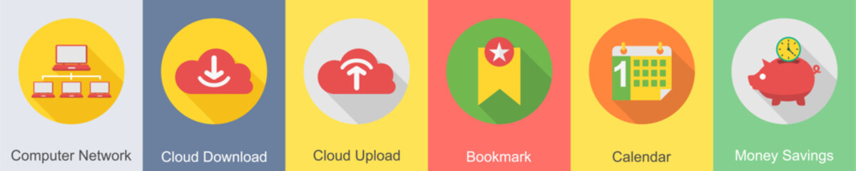 A set of 6 SEO icons as computer network, cloud download, cloud upload