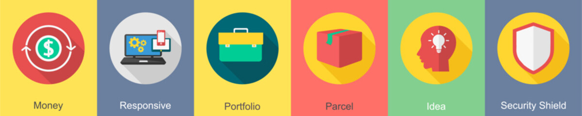 A set of 6 SEO icons as money, responsive, portfolio