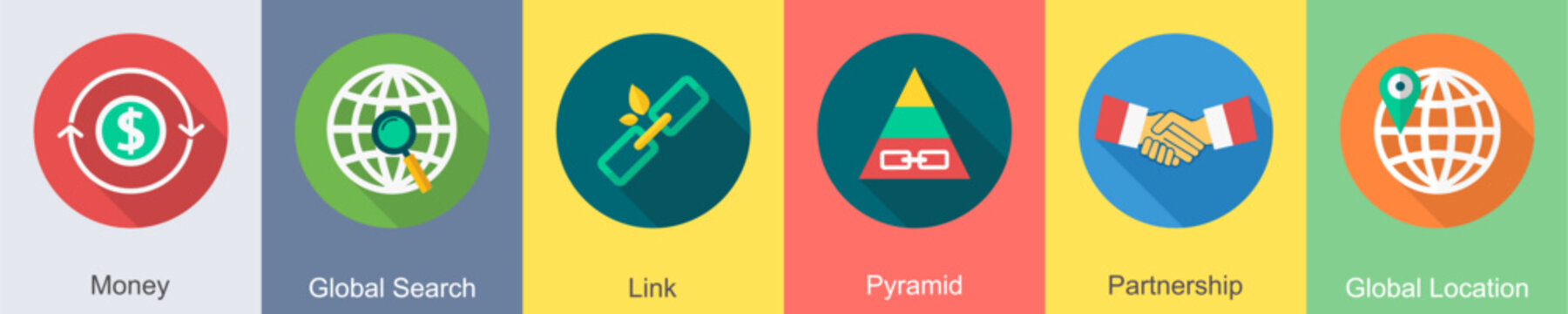 A set of 6 SEO icons as money, global search, link