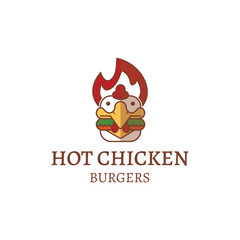 Hot Chicken Burgers Logo Vector, combining fire, chicken and burger, suitable for fast food industry, restaurant or burger shop especially Hot Chicken Burgers.