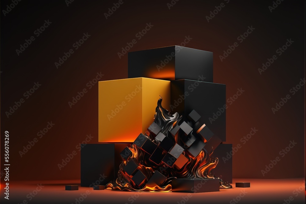 Poster a pile of cubes sitting on top of a fire pit in the middle of a room with a black background., gener