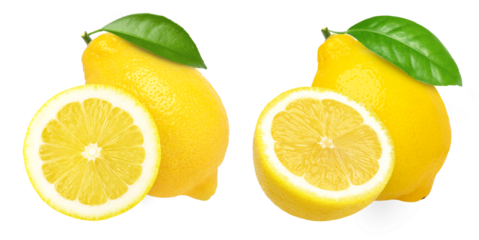 lemon fruit with leaves, slice, and half isolated, Fresh and Juicy Lemon, transparent png, PNG format, cut out.