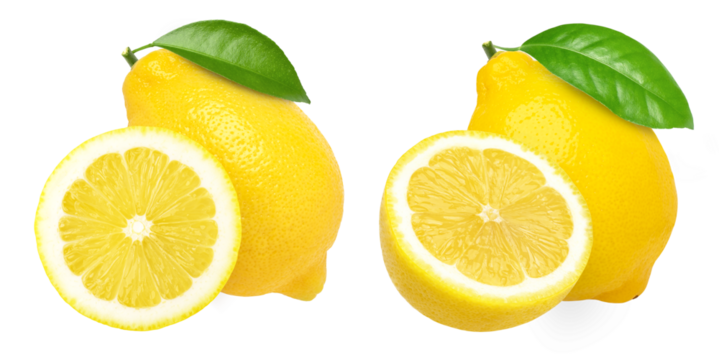 lemon fruit with leaves, slice, and half isolated, Fresh and Juicy Lemon, transparent png, PNG format, cut out.
