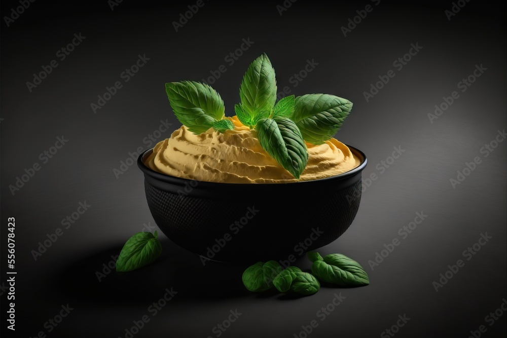 Poster a bowl of hummus with a leaf on top of it and a black background with a black bowl of hummus., gener