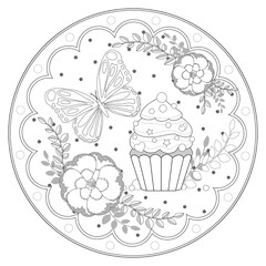 Cupcake, flowers, butterfly on round pattern frame for coloring book page. Vector illustration.