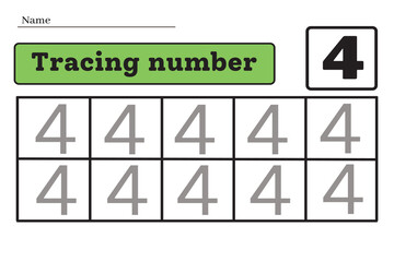 Number 4. Trace and write. Handwriting practice. Learning numbers for kids. Education developing worksheet. Activity page. Game for kids. Isolated vector illustration.