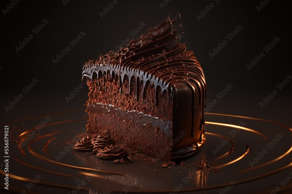 Poster a piece of chocolate cake with chocolate icing on a plate with a swirly chocolate sauce on the side.