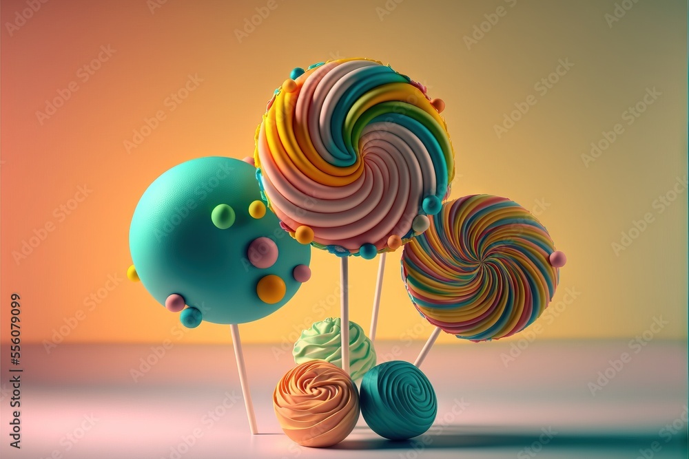 Poster a group of lollipops sitting on top of each other on a table next to each other., generative ai