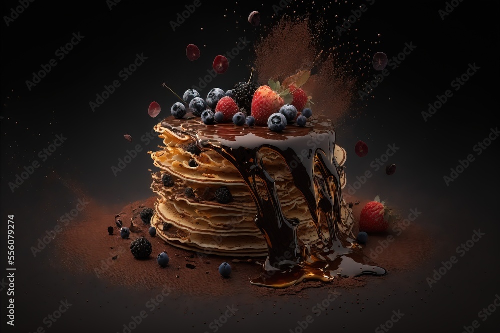 Poster a cake with chocolate and fruit on top of it with chocolate sauce and sprinkles on top., generative 