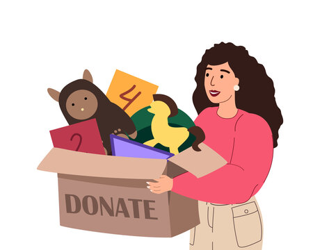 Action for Kids.Collect Toys to help Children.Woman with Box full of Free Toys,Donation Box,Children Social Support and Assistance Concept.Humanitarian Aid to Poor Kids.People Flat Vector Illustration