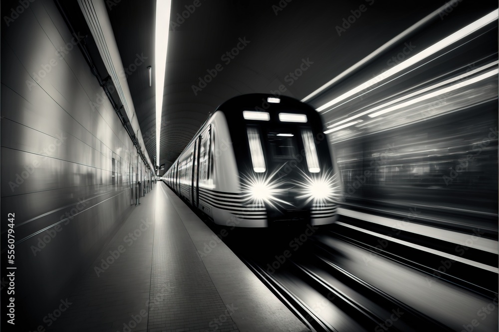 Poster a train is moving through a tunnel with lights on it's side and a person standing on the platform., 