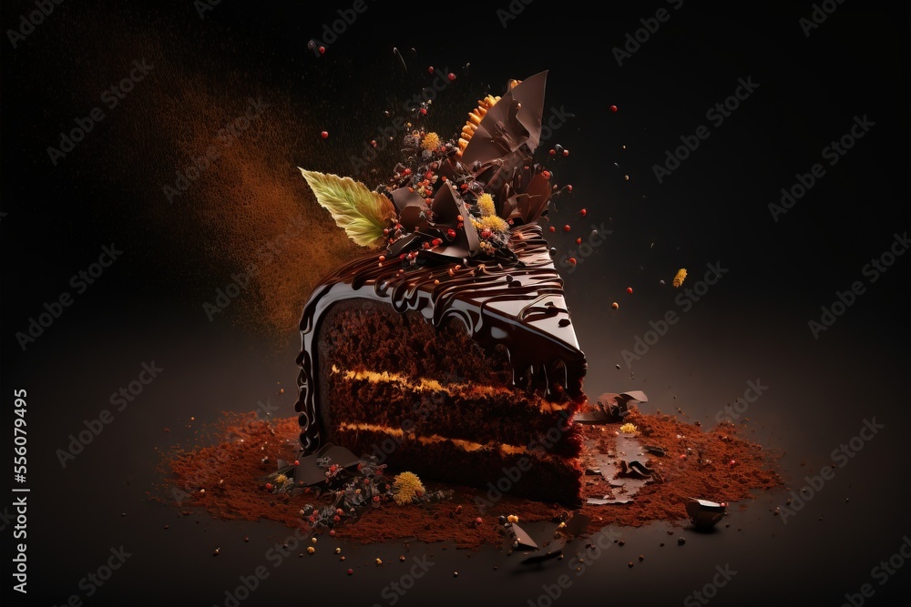 Poster a piece of cake with chocolate frosting and sprinkles on a black background with a leaf., generative
