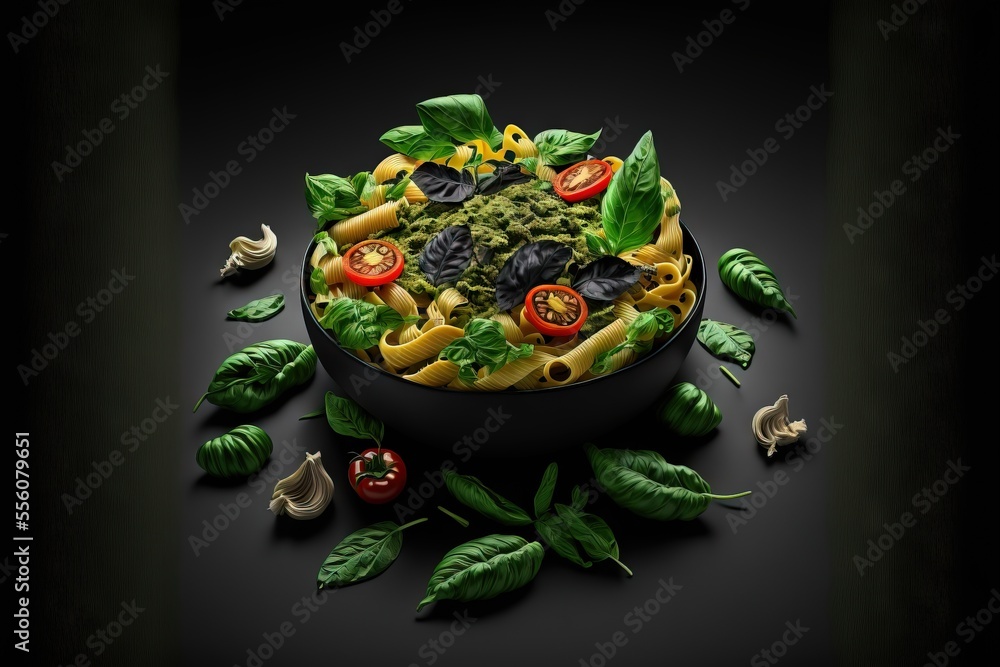Poster a bowl of pasta with spinach and tomatoes on a black background with basil leaves and mushrooms arou