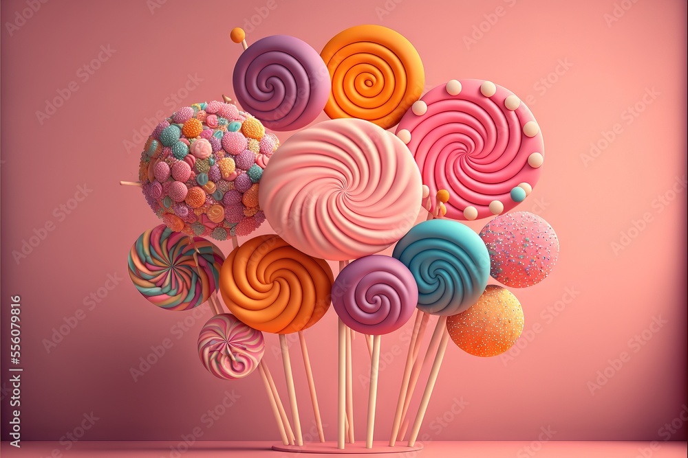 Poster a bunch of lollipops are in a vase on a table with a pink background and a pink wall., generative ai