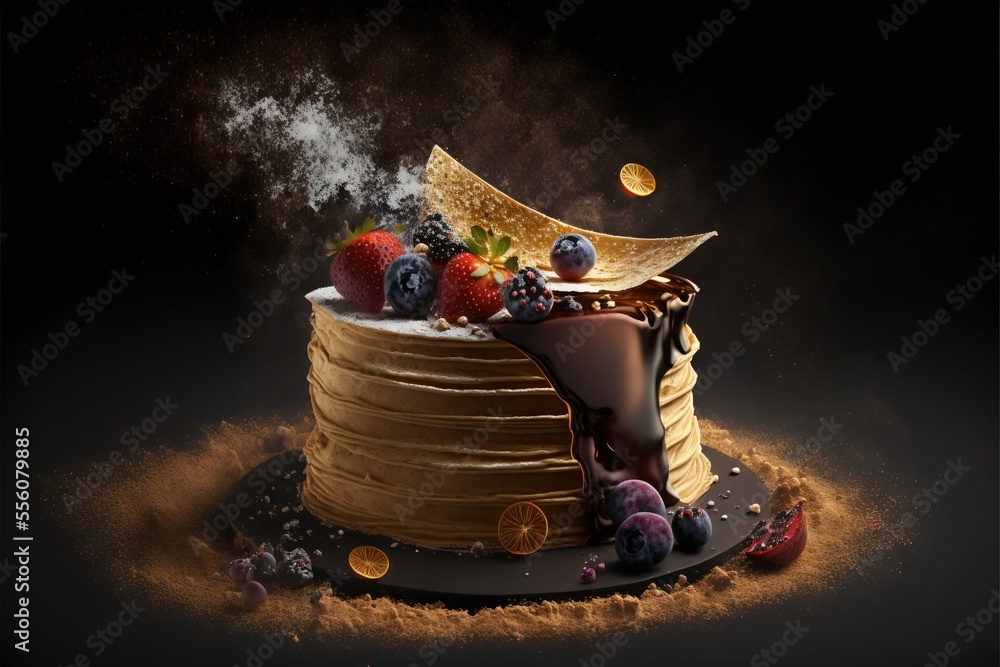 Poster a cake with chocolate frosting and fruit on top of it with a gold leaf decoration on top of it., gen