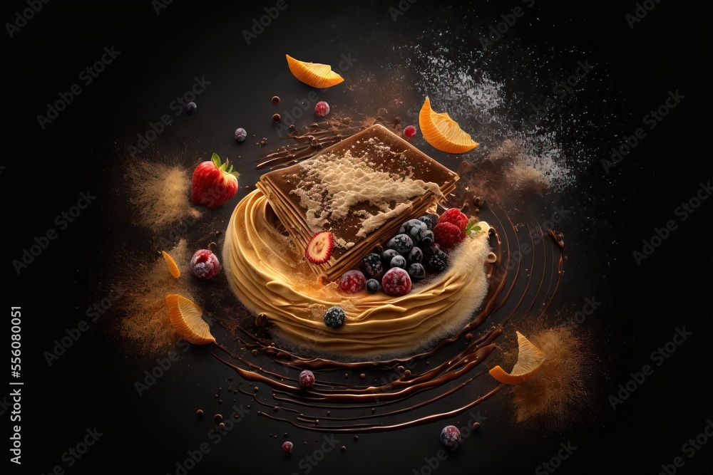 Aufkleber a cake with fruit and chocolate on top of it on a black background with a splash of chocolate on the