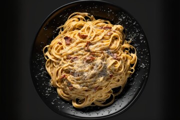 a plate of pasta with bacon and cheese on it on a black plate with a black background and a black table., generative ai