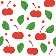Red cherries seamless pattern in cartoon style with green leaves. Perfect for textile and typography.