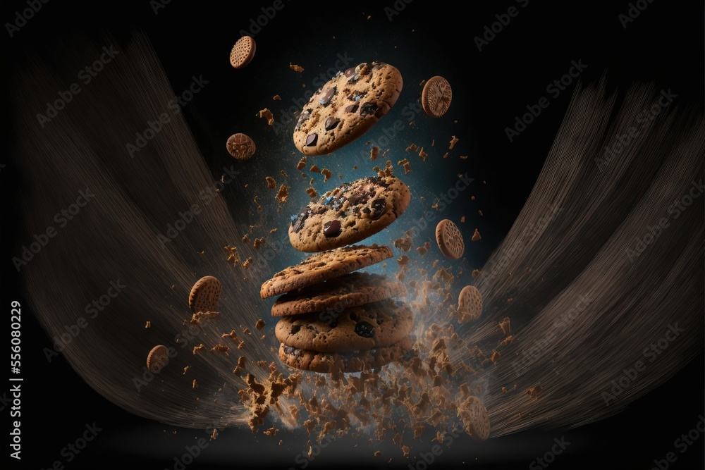 Aufkleber a pile of cookies falling into the air with a dark background and a few cookies falling out of the a