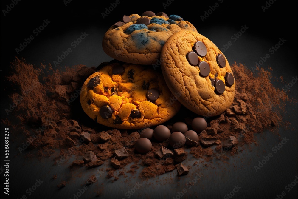 Poster a pile of cookies and chocolate chips on a black background with a black background and a black back
