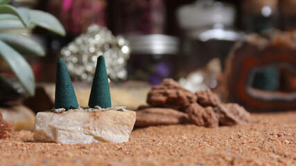 Fototapeta na wymiar Aragonite Crystals With Incense Cones on Australian Red Sand