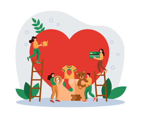 Volunteer community. Charity help. Box for donations. Persons put clothes in container. People care or give donate. Love heart. Support and hope. Vector cartoon tidy philanthropy concept