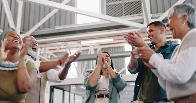 Teamwork, success and business people together with hands for victory, winning and motivation in workplace. Diversity, collaboration and group of workers stack hand for celebration, mission and goals